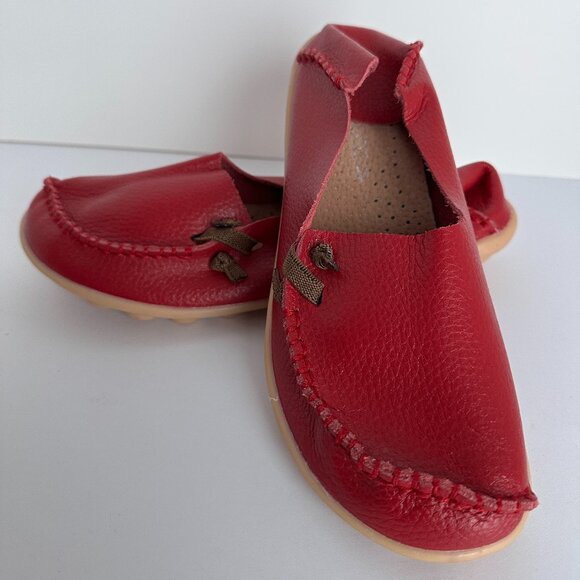 Socofy Shoes - Womens Socofy SlipOn Shoes, Size 38, US7.5 Red Genuine Leather Driving Moccasins